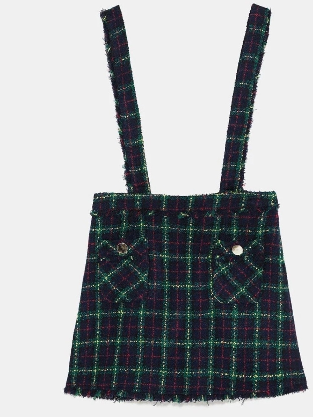 Zara Tweed Plaid Suspender mini Skirt green navy red overall dress XS